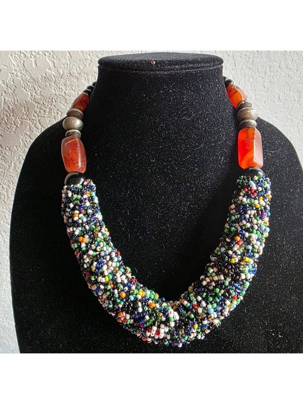 ​Vtg Naga Style Statement Necklace Multi-Strand Seed Bead Bib & Carnelian Agate